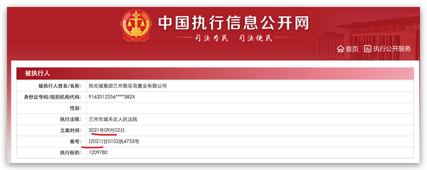 陽光城集團蘭州梨花島置業被列為被執行人，執行標的約121萬元
